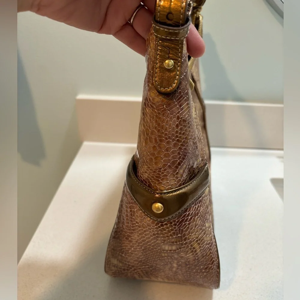 Brahmin Croc Embossed Hobo Shoulder Bag Vintage Y2K Brown Gold Accents